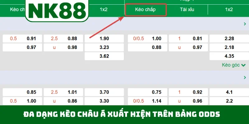 Đa dạng kèo châu Á xuất hiện trên bảng odds