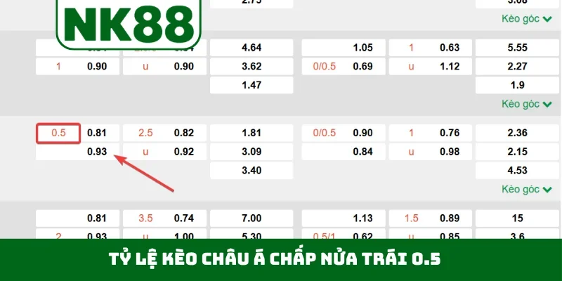 Tỷ lệ kèo châu Á chấp nửa trái 0.5